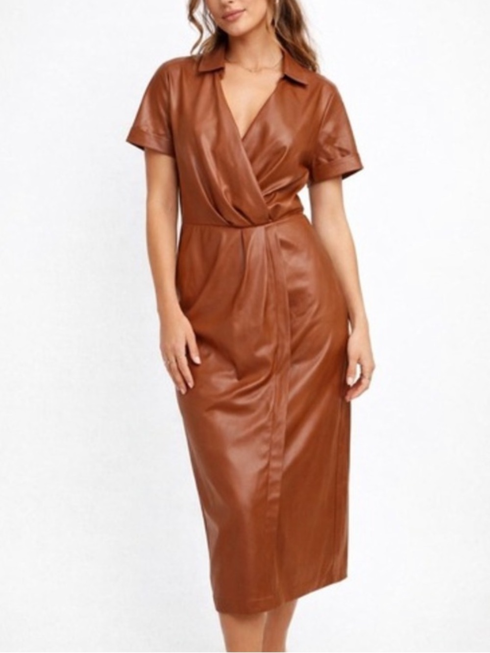 NWT Nine West faux leather wrap dress maple brown M *flaw*